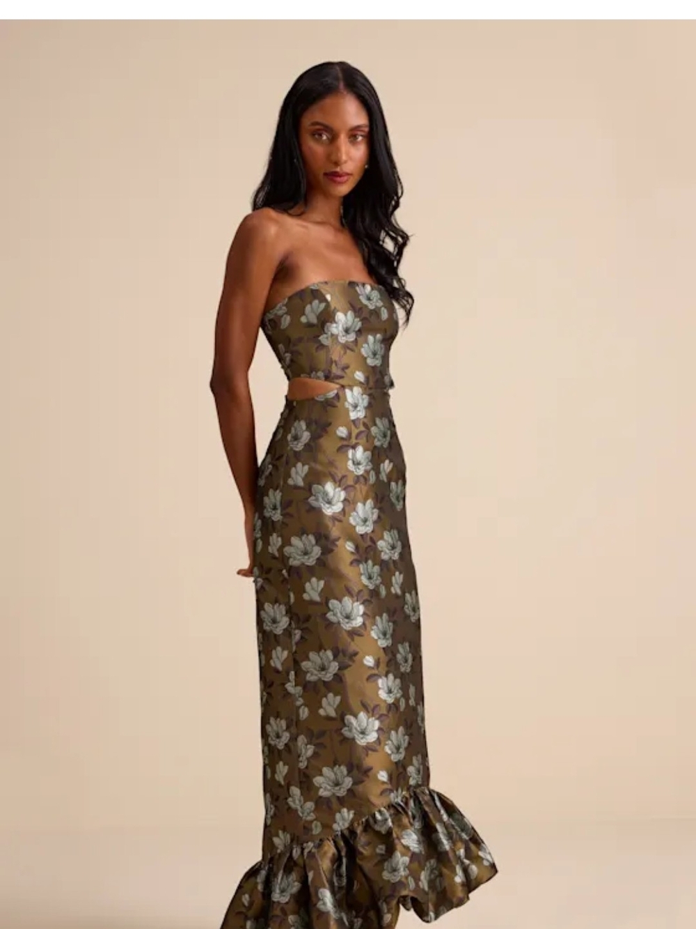 Lulu's Olive Floral Strapless Cutout Maxi Dress
